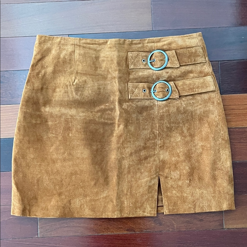 Blank NYC Tan Suede Pencil Skirt with Buckle Accents
